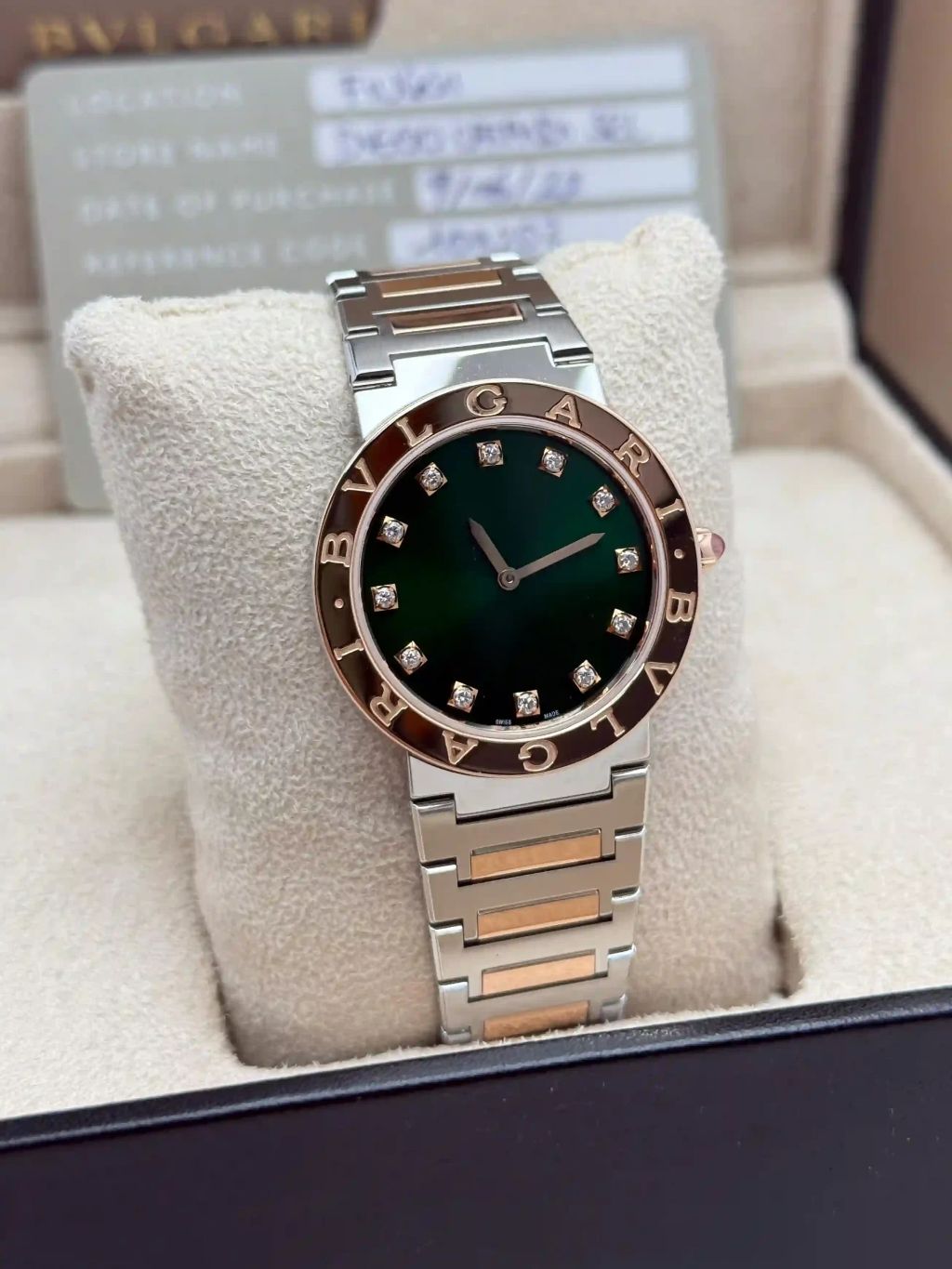 불가리 불가리 쿼츠 33mm 워치 스테인리스 스틸 로즈 골드 그린 다이아몬드